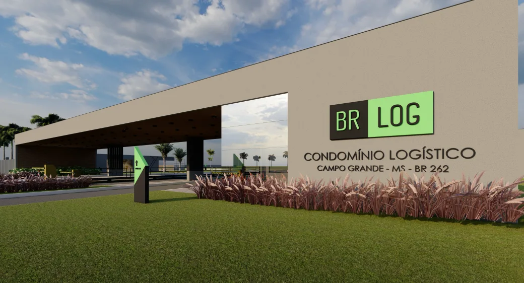 Render da portaria do condomínio Br Log em Campo Grande, com a logo aplicada na fachada e acesso pela BR-262